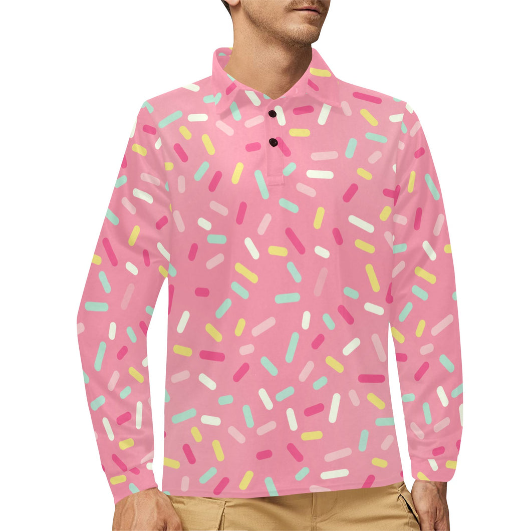 Pink donut glaze candy pattern Men's Long Sleeve Polo Shirt