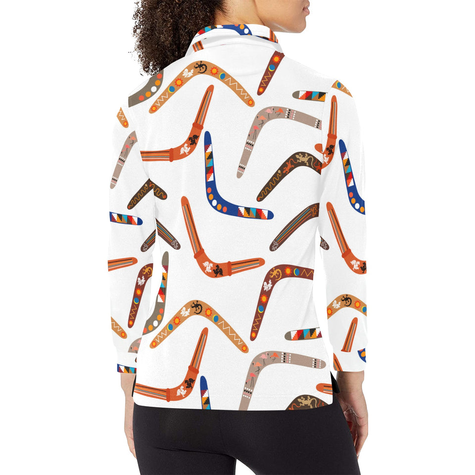 Boomerang Australian aboriginal ornament pattern Women's Long Sleeve Polo Shirt