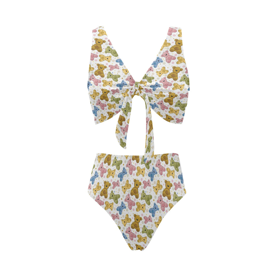 Teddy Bear Pattern Print Design 01 Chest Bowknot High Waisted Bikini Swimsuit