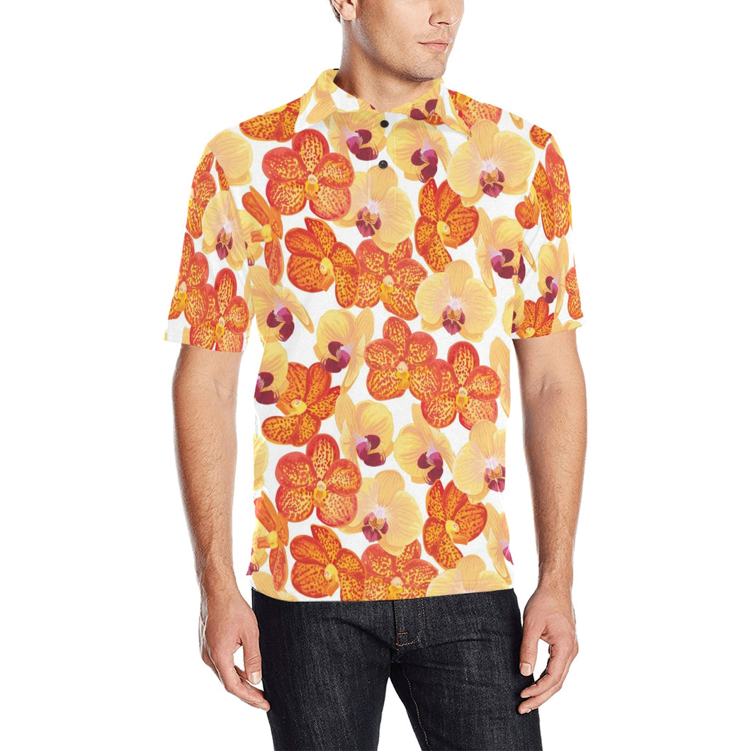 Orange yellow orchid flower pattern background Men's All Over Print Polo Shirt