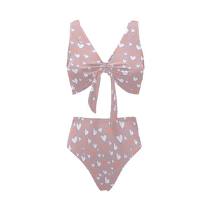 coral white heart pattern Chest Bowknot High Waisted Bikini Swimsuit