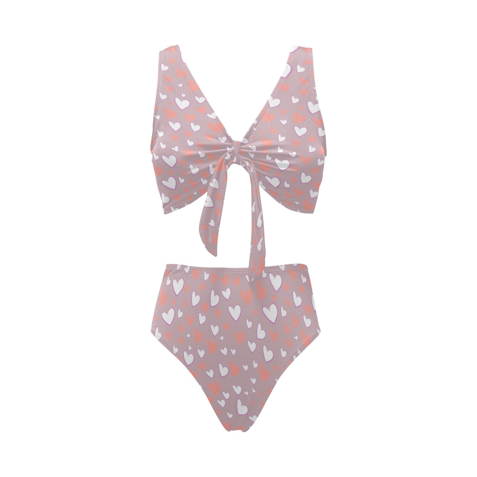 coral white heart pattern Chest Bowknot High Waisted Bikini Swimsuit
