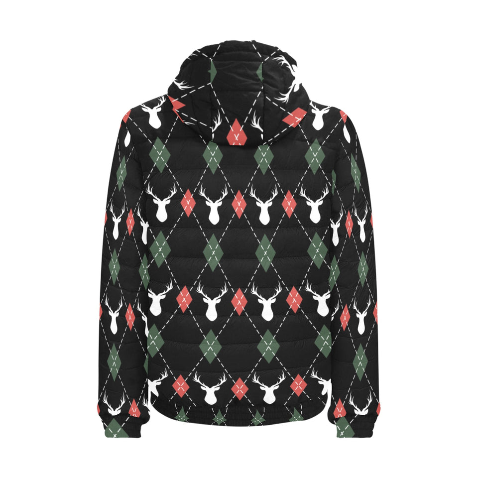 Deer Christmas new year pattern argyle Men's Padded Hooded Jacket