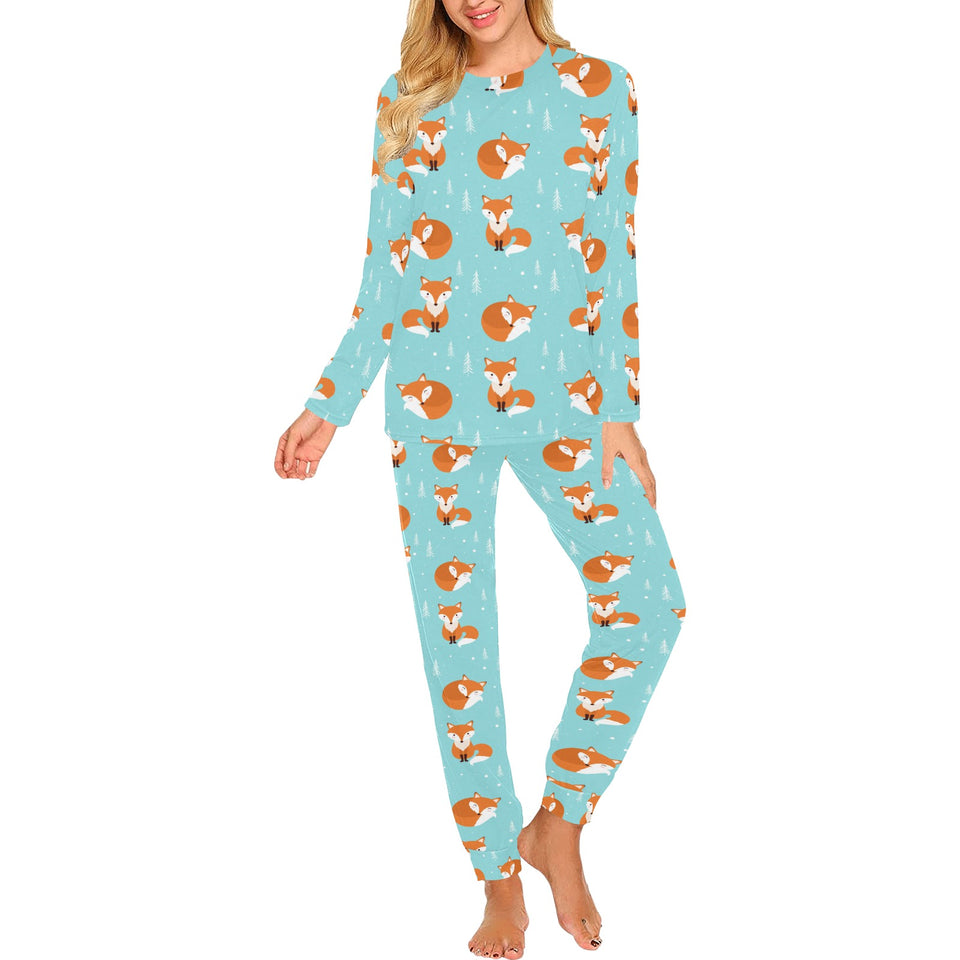 Fox pattern blue b ackground Women's All Over Print Pajama Set