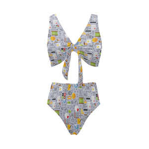 Math Pattern Print Design 04 Chest Bowknot High Waisted Bikini Swimsuit