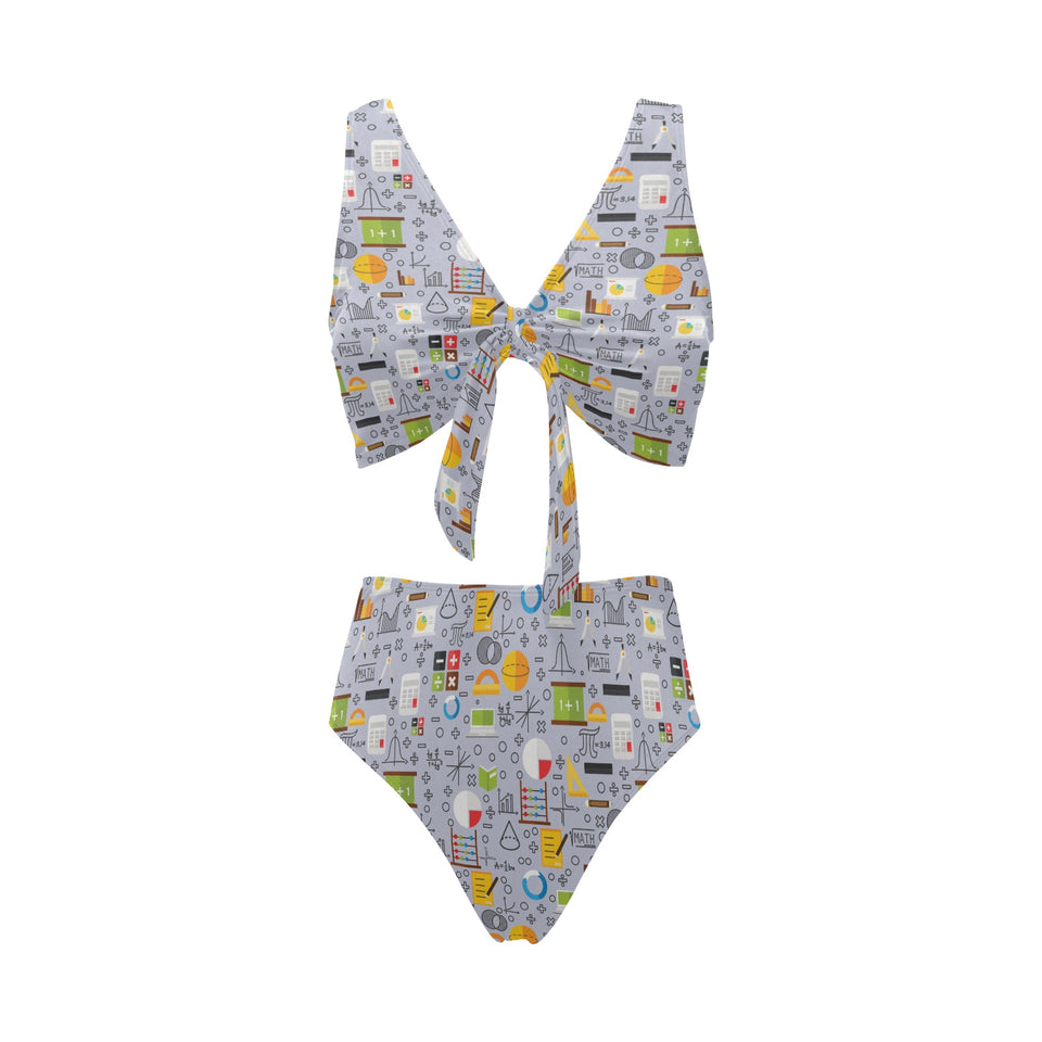 Math Pattern Print Design 04 Chest Bowknot High Waisted Bikini Swimsuit
