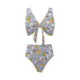 Math Pattern Print Design 04 Chest Bowknot High Waisted Bikini Swimsuit