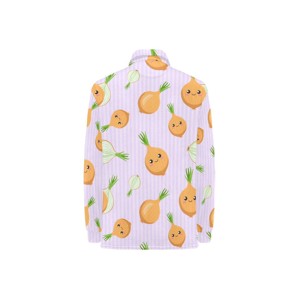 cute onions smiling faces purple background Women's Long Sleeve Polo Shirt