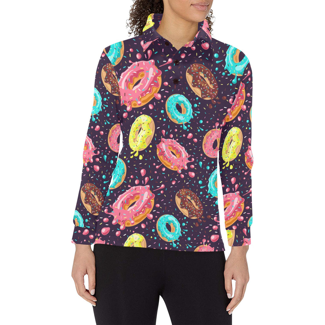 Colorful donut glaze pattern Women's Long Sleeve Polo Shirt
