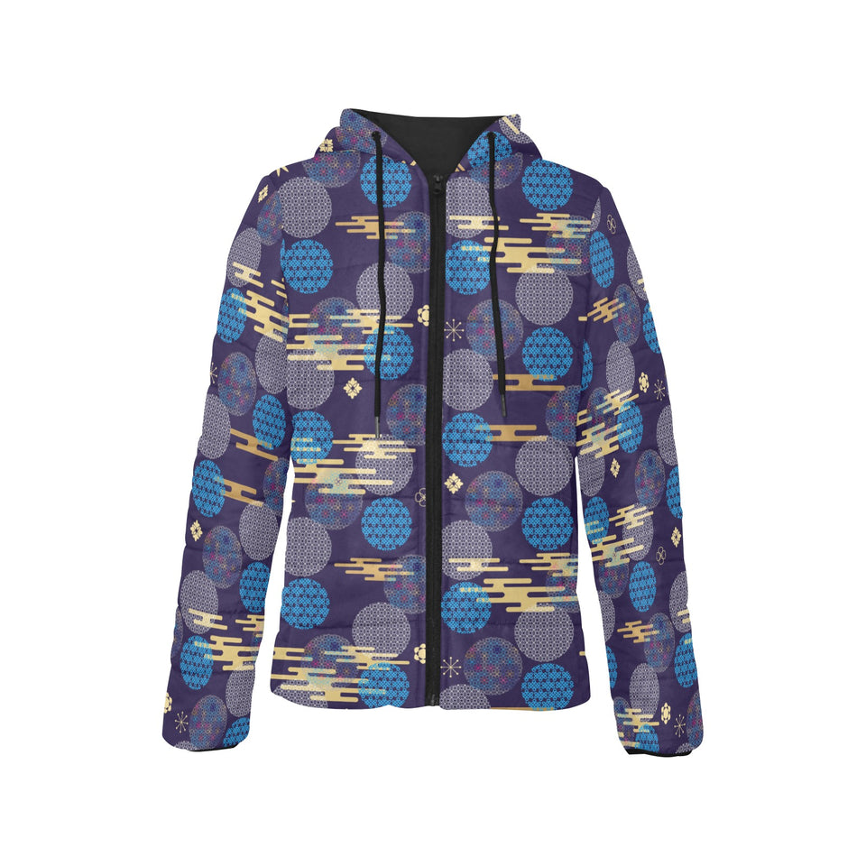 Blue japanese pattern cloud wave flower Women's Padded Hooded Jacket