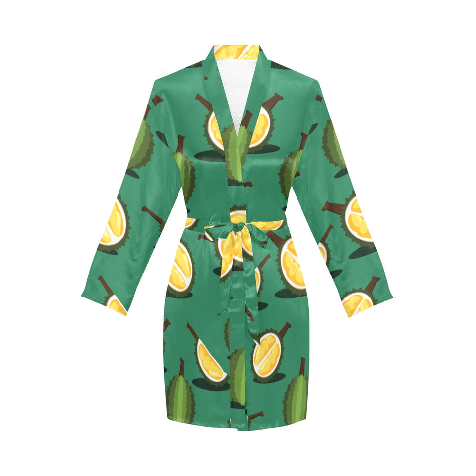 Durian pattern green background Women's Long Sleeve Belted Night Robe