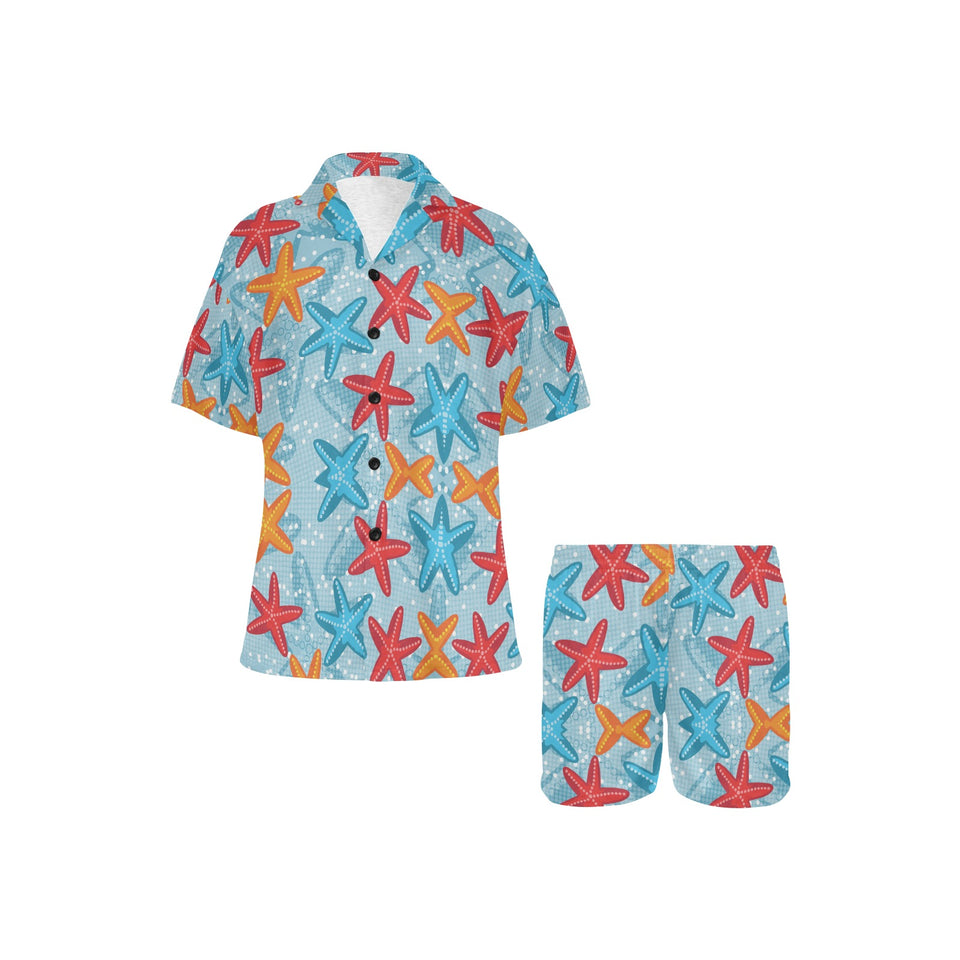 Blue red orange starfish pattern Women's V-Neck Short Pajama Set