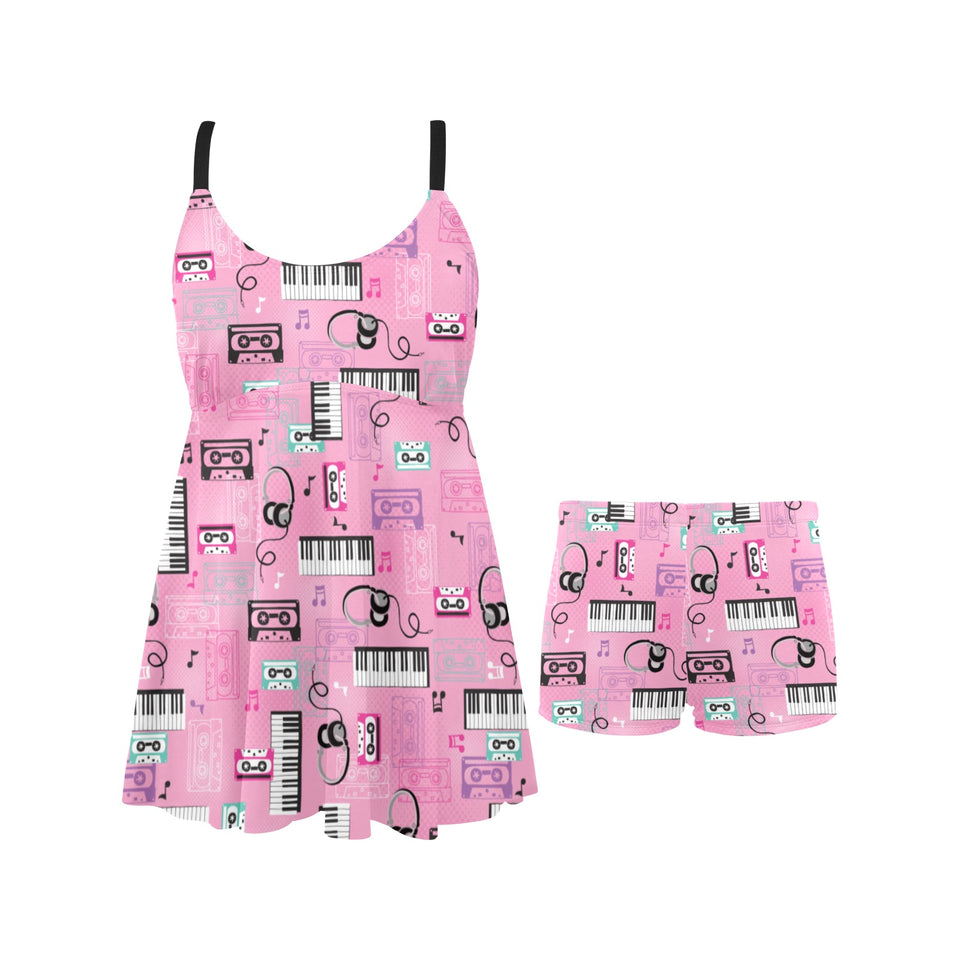 Piano Pattern Print Design 01 Chest Sexy Pleated Two Piece Swim Dress