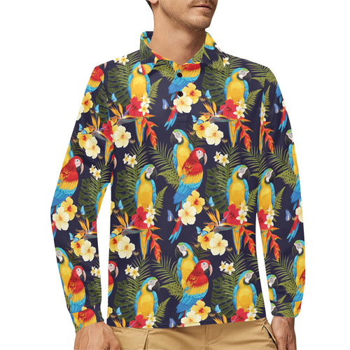 Colorful parrot flower pattern Men's Long Sleeve Polo Shirt