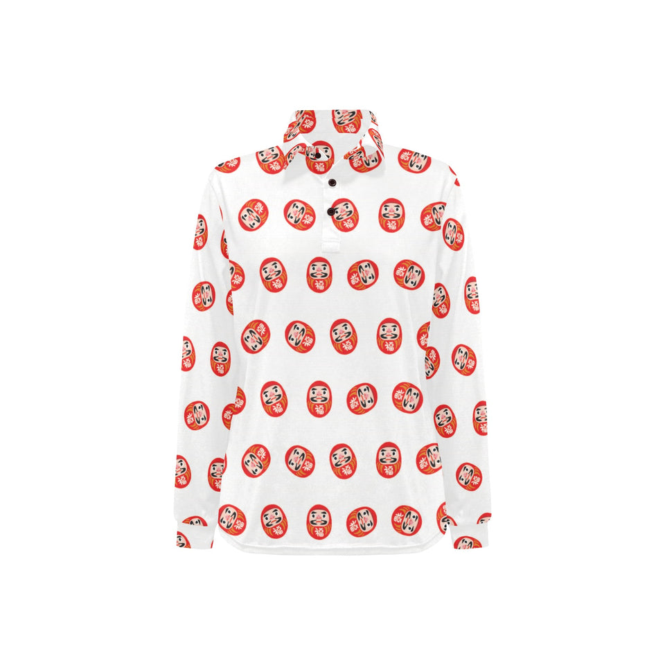 Daruma japanese wooden doll pattern Women's Long Sleeve Polo Shirt