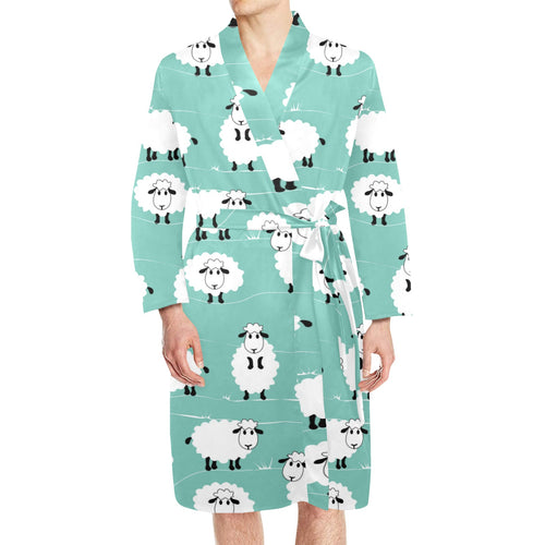Cute sheep green background Men's Long Sleeve Belted Night Robe
