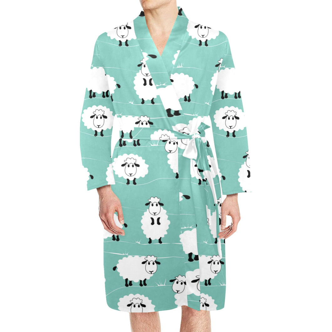 Cute sheep green background Men's Long Sleeve Belted Night Robe