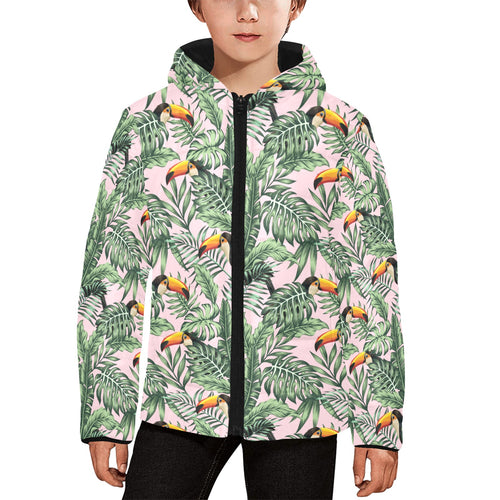 Toucan tropical green jungle palm pattern Kids' Boys' Girls' Padded Hooded Jacket