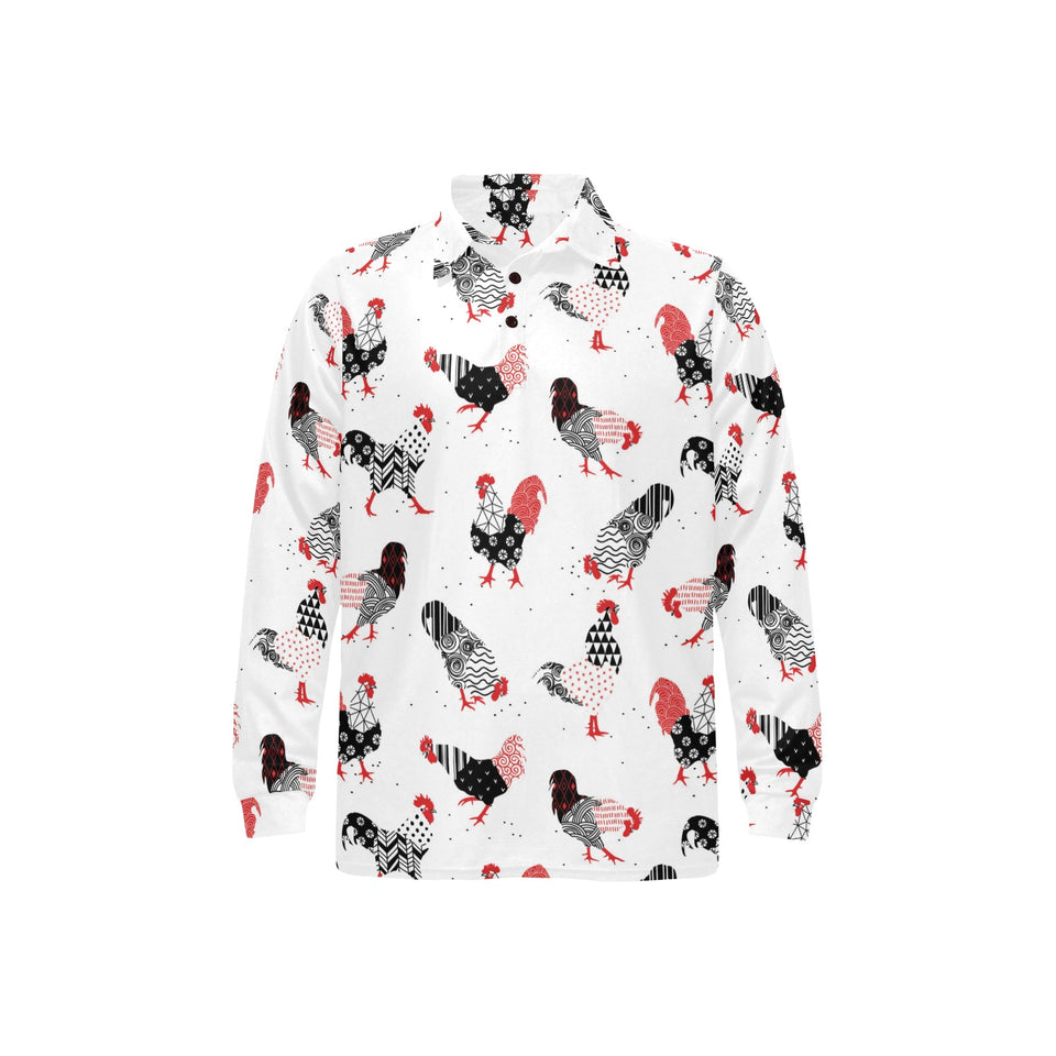 Cool rooster chicken cock floral ornament backgrou Men's Long Sleeve Polo Shirt