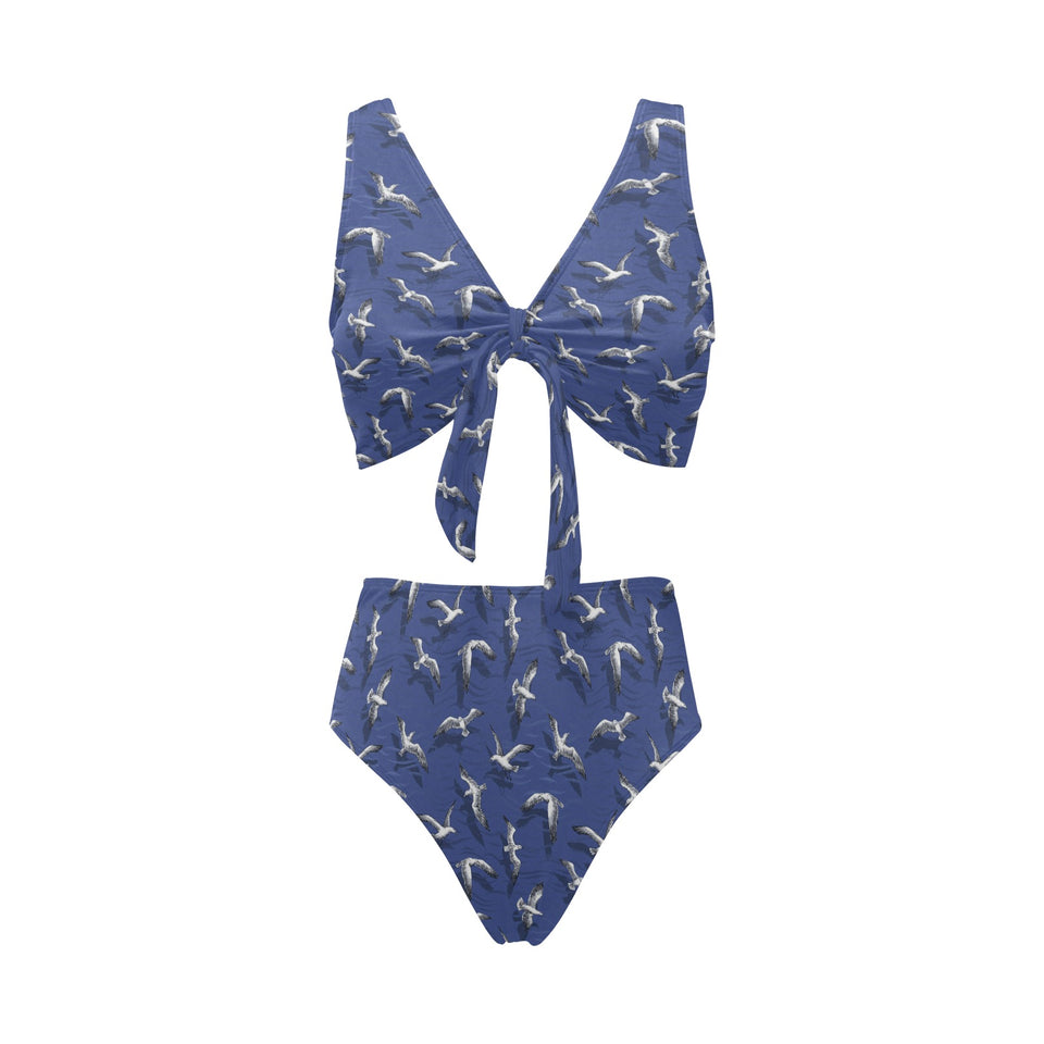 Seagull Pattern Print Design 03 Chest Bowknot High Waisted Bikini Swimsuit