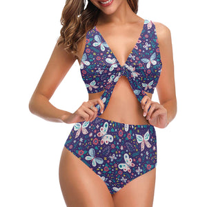 Colorful butterfly flower pattern.eps Chest Bowknot High Waisted Bikini Swimsuit