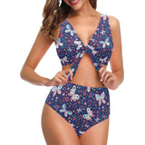 Colorful butterfly flower pattern.eps Chest Bowknot High Waisted Bikini Swimsuit