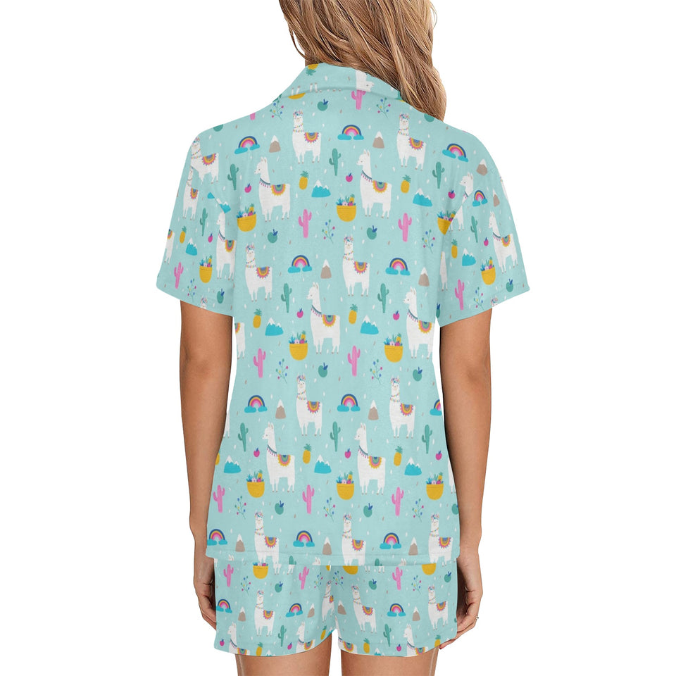 Llama alpaca cactus leaves pattern Women's V-Neck Short Pajama Set