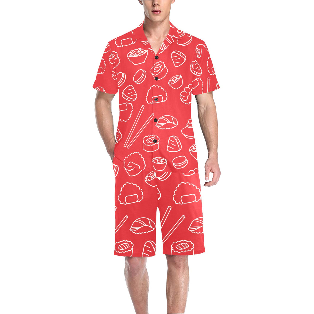 sushi pattern red background Men's V-Neck Short Pajama Set