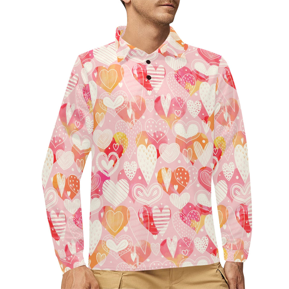 Hand drawn heart design pattern Men's Long Sleeve Polo Shirt