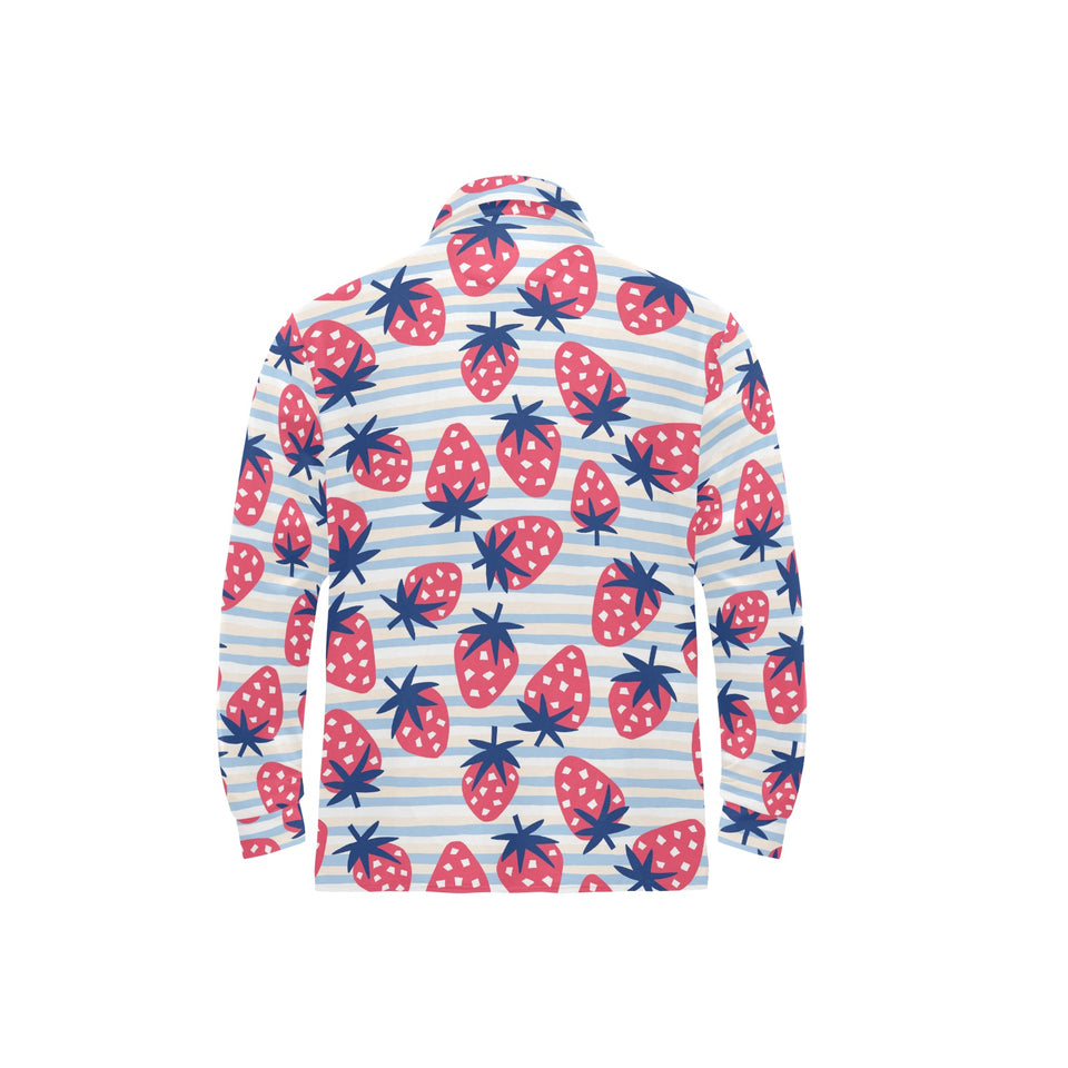 Strawberry pattern blue lines background Men's Long Sleeve Polo Shirt