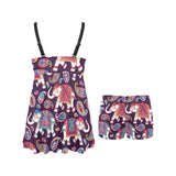 Elephant indian style ornament pattern Chest Sexy Pleated Two Piece Swim Dress