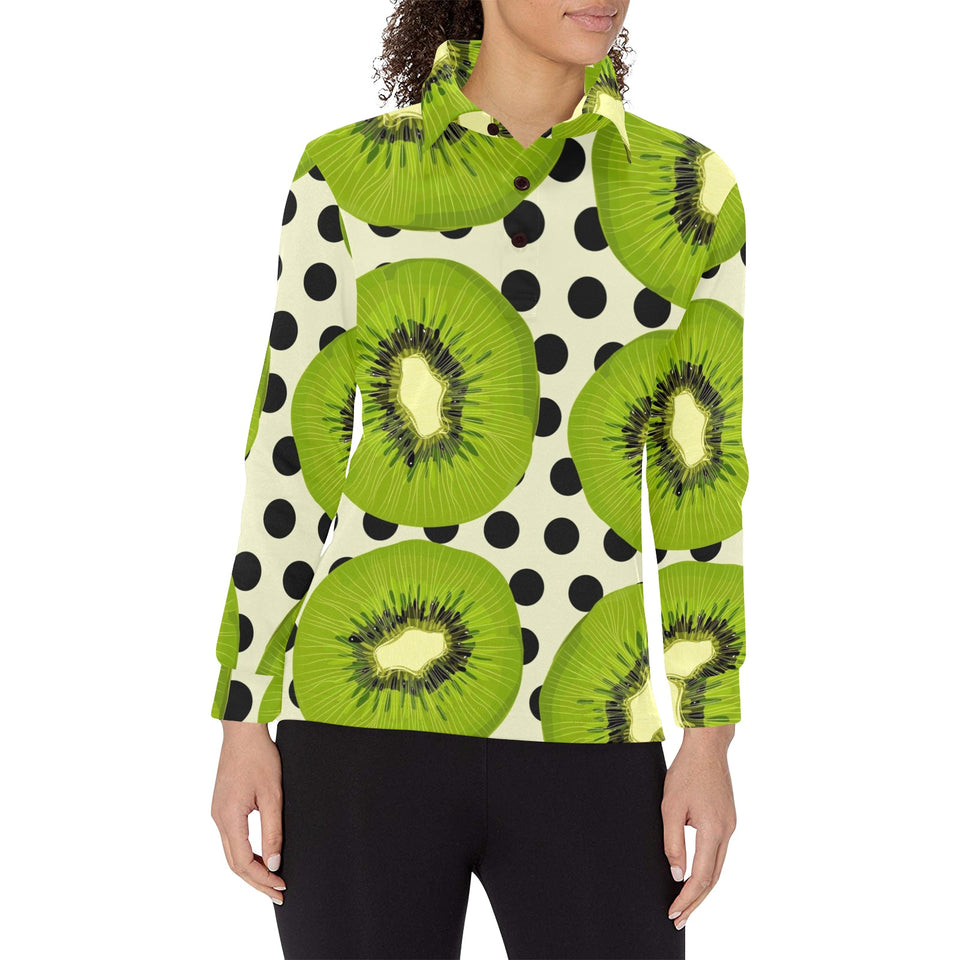 kiwi black dot background Women's Long Sleeve Polo Shirt