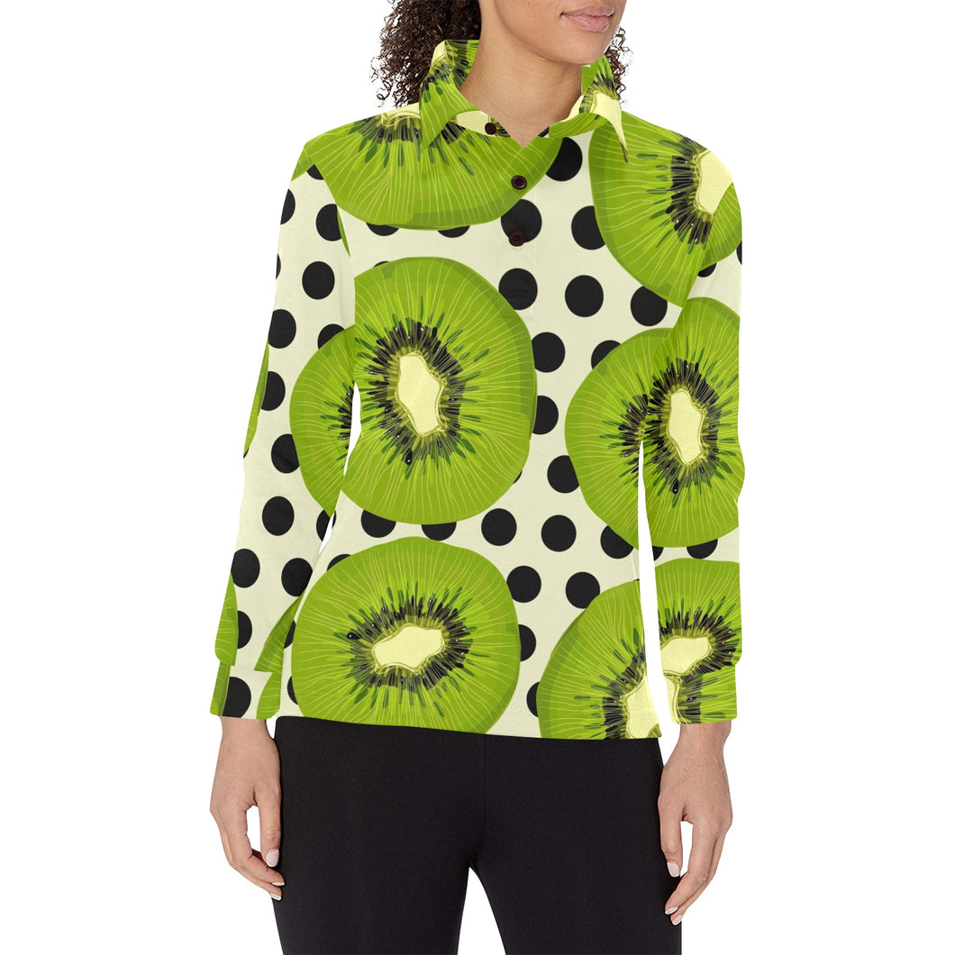 kiwi black dot background Women's Long Sleeve Polo Shirt