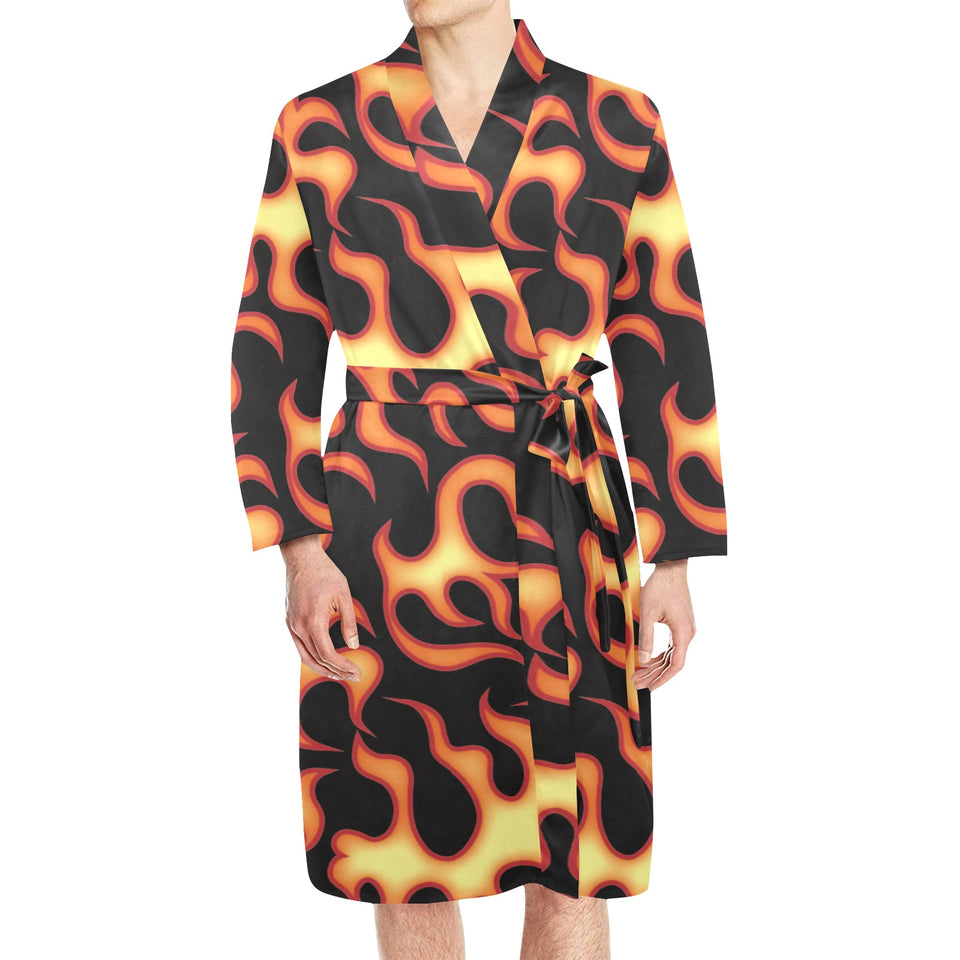 Fire flame dark pattern Men's Long Sleeve Belted Night Robe
