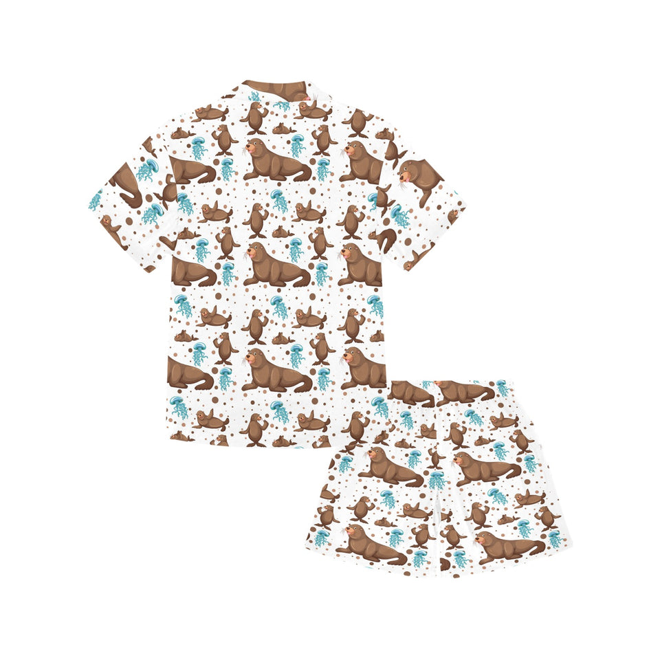 sea lion Seals jellyfish pattern Kids' Boys' Girls' V-Neck Short Pajama Set