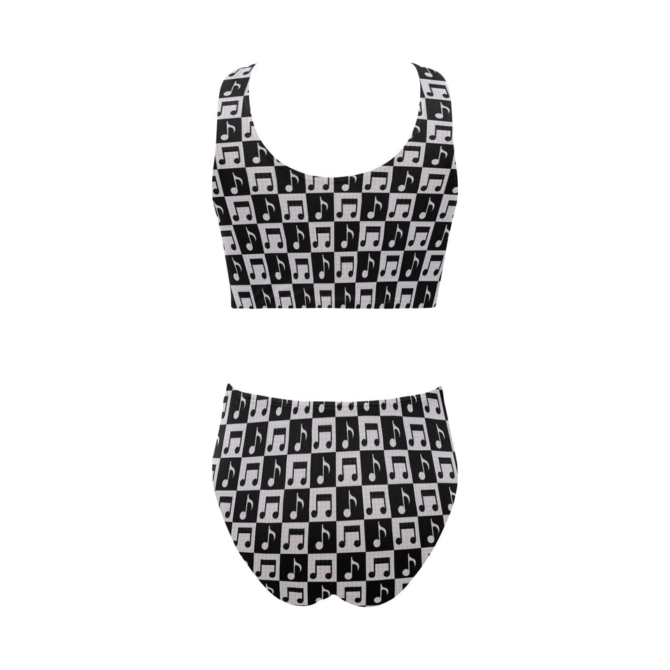 Music Notes Pattern Print Design 01 Chest Bowknot High Waisted Bikini Swimsuit