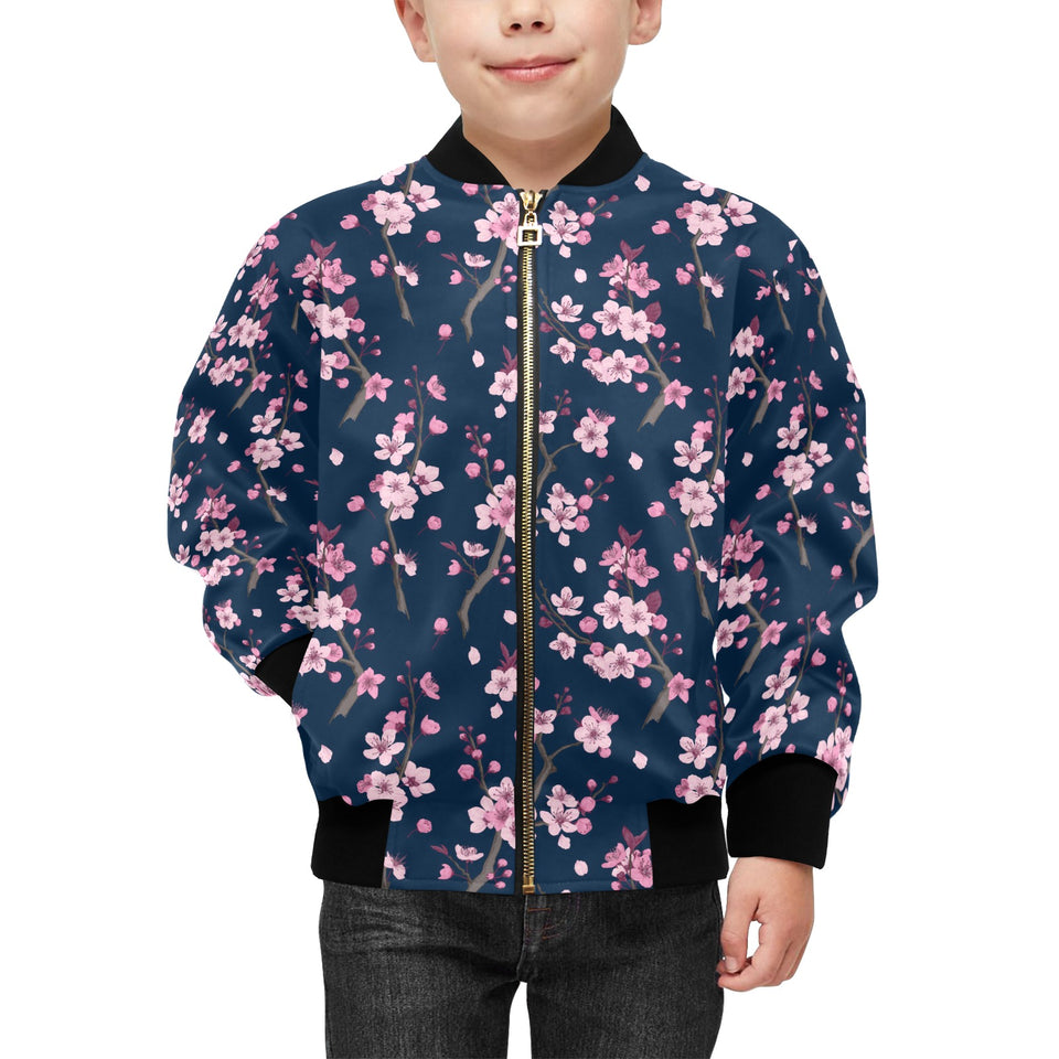 Pink sakura cherry blossom blue background Kids' Boys' Girls' Bomber Jacket