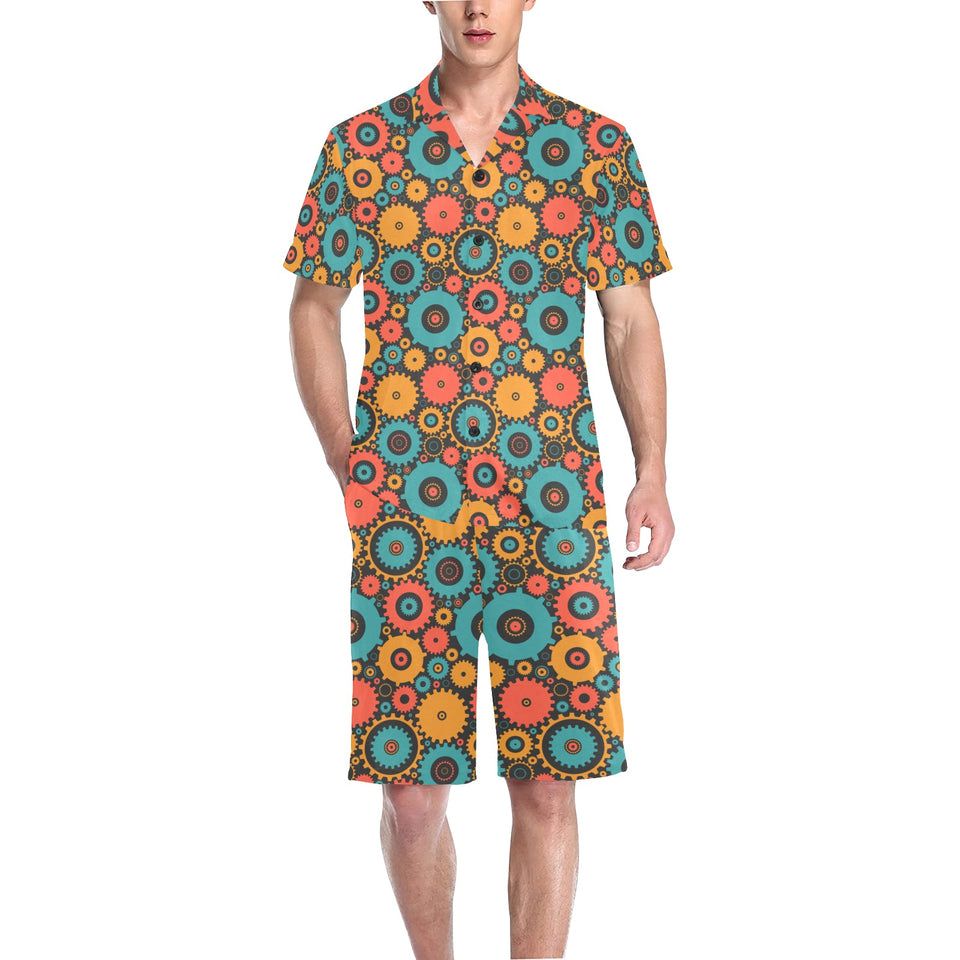 Gear Pattern Print Design 01 Men's V-Neck Short Pajama Set