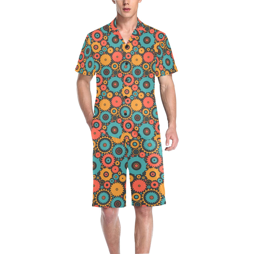Gear Pattern Print Design 01 Men's V-Neck Short Pajama Set