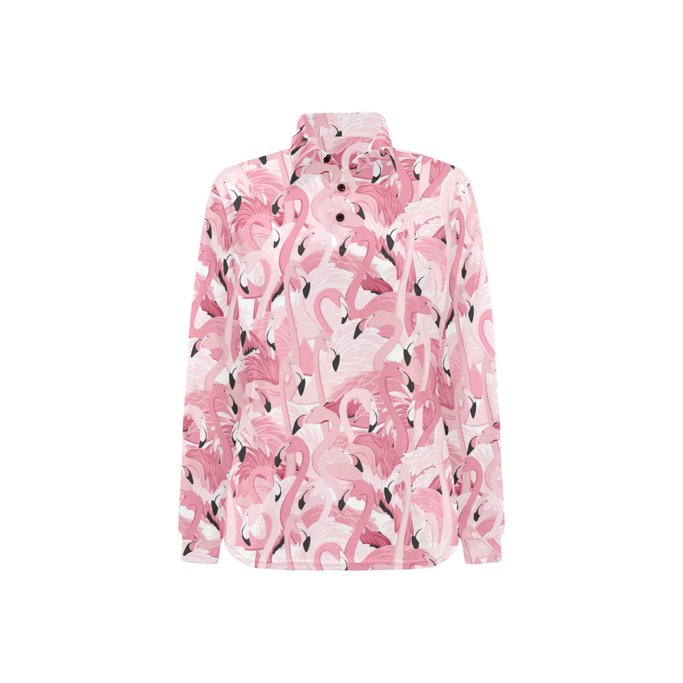 Pink flamingos pattern background Women's Long Sleeve Polo Shirt