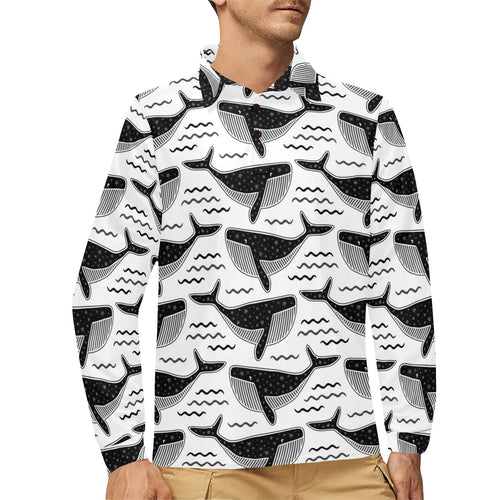 Black whale pattern Men's Long Sleeve Polo Shirt