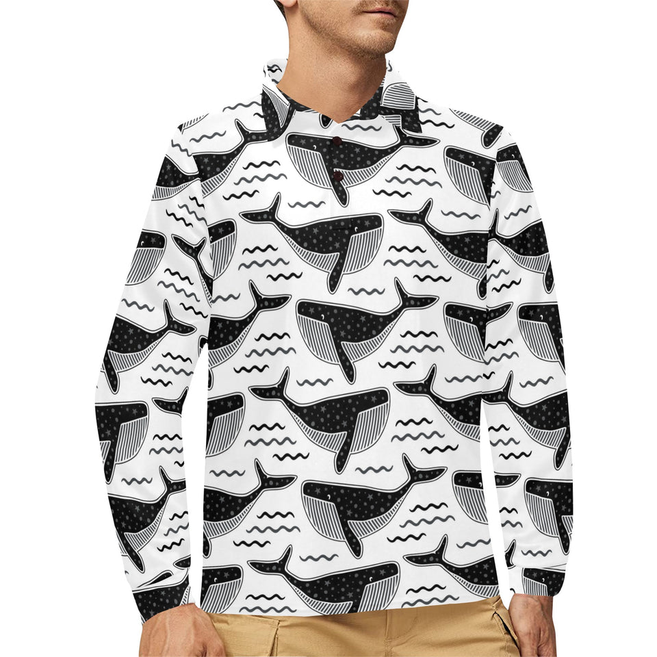 Black whale pattern Men's Long Sleeve Polo Shirt
