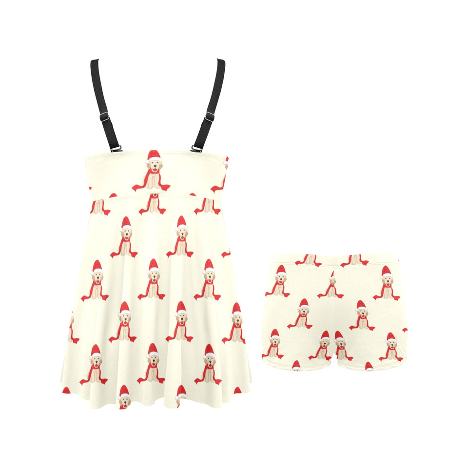 Golden Retriever Pattern Print Design 01 Chest Sexy Pleated Two Piece Swim Dress
