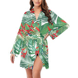 heliconia palm and monstera leaves pattern Women's Long Sleeve Belted Night Robe