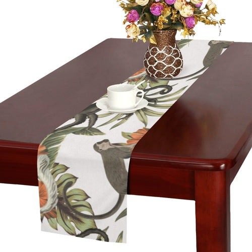 Monkey red hibiscus flower palm leaves floral patt Table Runner