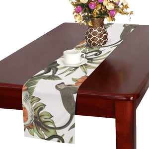 Monkey red hibiscus flower palm leaves floral patt Table Runner