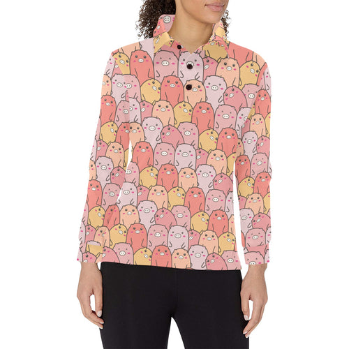 Pig Pattern Print Design 04 Women's Long Sleeve Polo Shirt
