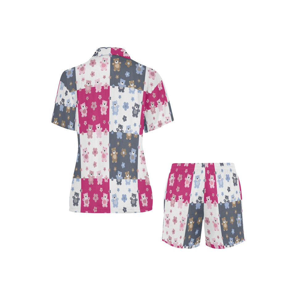 Teddy Bear Pattern Print Design 03 Women's V-Neck Short Pajama Set