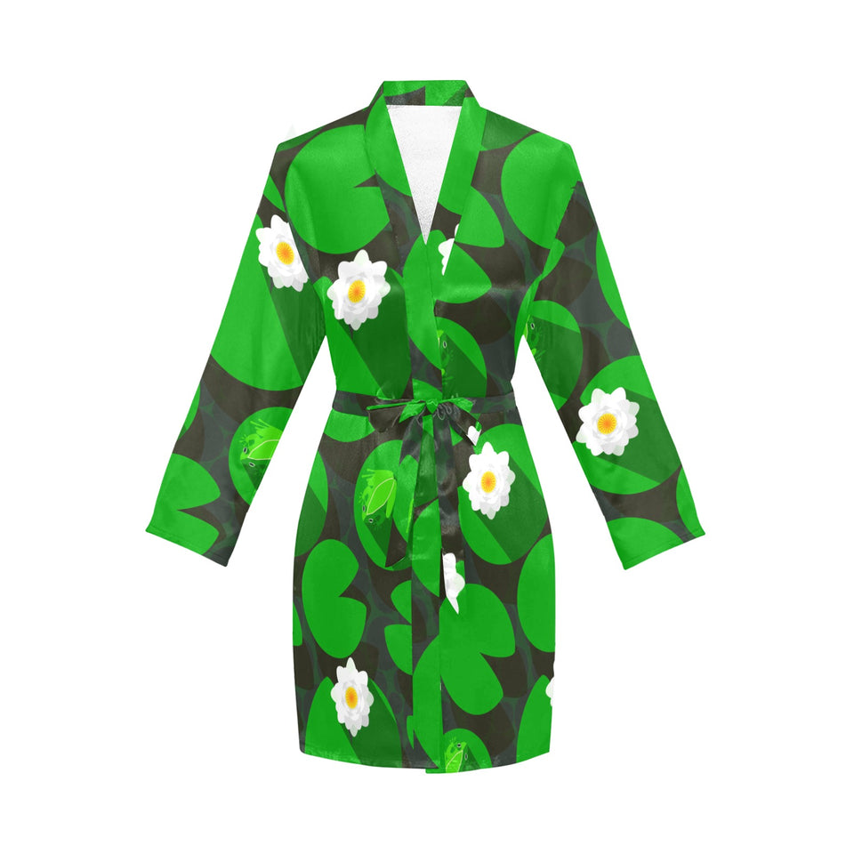 Frog waterlily pattern Women's Long Sleeve Belted Night Robe