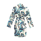 Japanese wave pattern Women's Long Sleeve Belted Night Robe